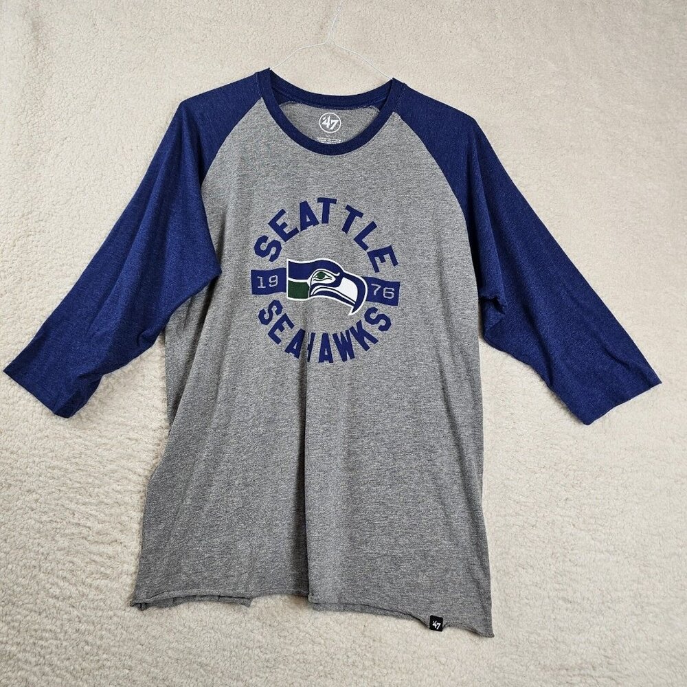 47 Brand Seattle Seahawks Shirt Women's Large Blue Gray Raglan 3/4 Sleeve NFL‎